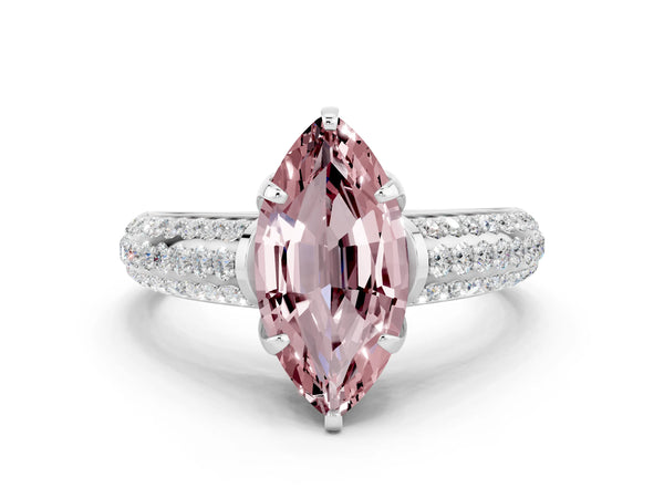 White gold Marquise Cut Morganite Solitaire Ring with Three-Row Pavé Band and Four-Prong Setting