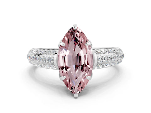 White gold Marquise Cut Morganite Solitaire Ring with Three-Row Pavé Band and Four-Prong Setting_12