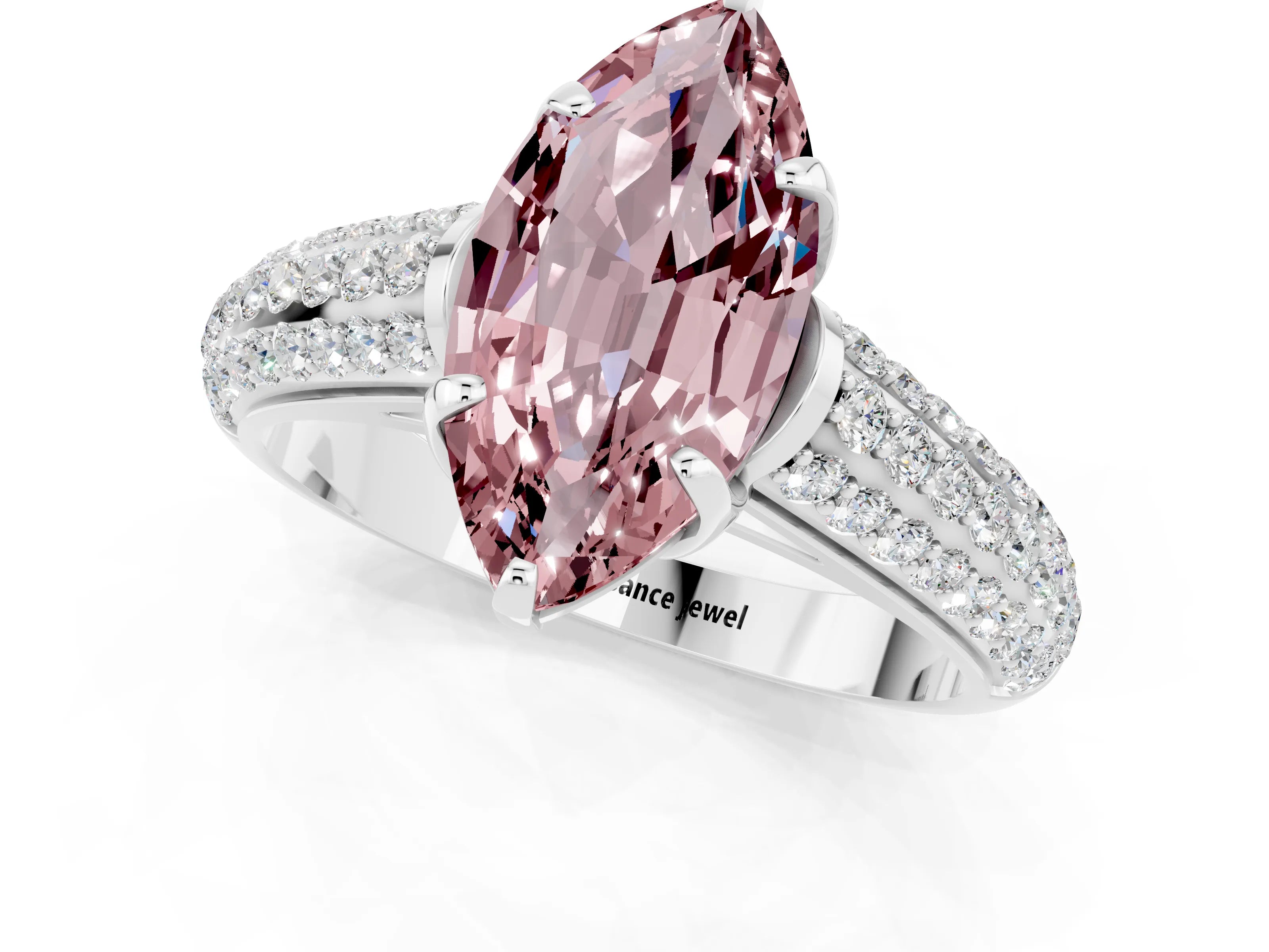 White gold Marquise Cut Morganite Solitaire Ring with Three-Row Pavé Band and Four-Prong Setting_13