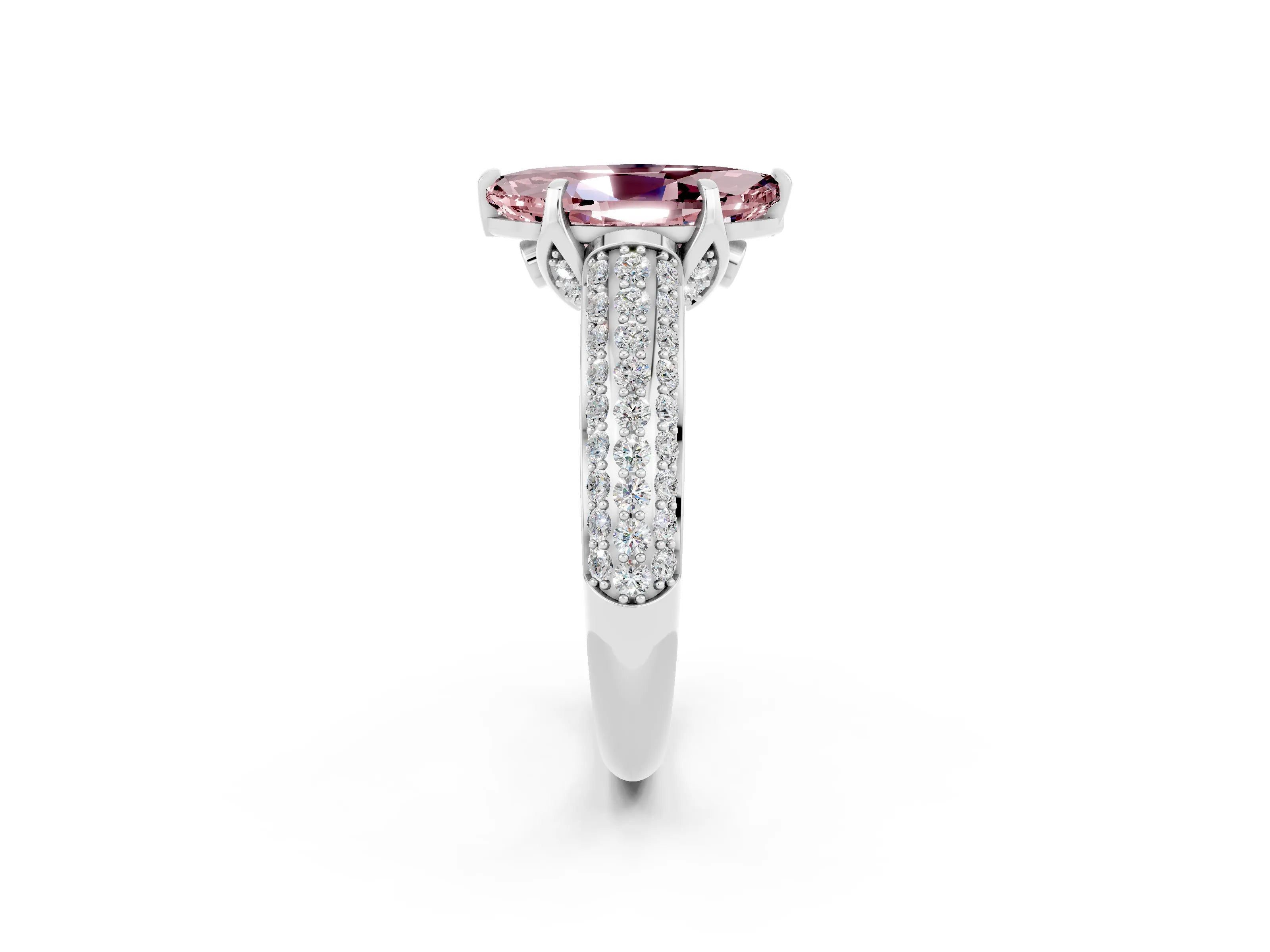 White gold Marquise Cut Morganite Solitaire Ring with Three-Row Pavé Band and Four-Prong Setting_14