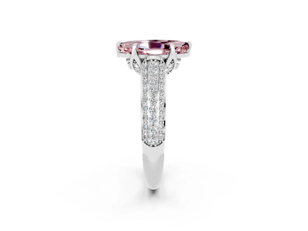 Silver Marquise Cut Morganite Solitaire Ring with Three-Row Pavé Band and Four-Prong Setting