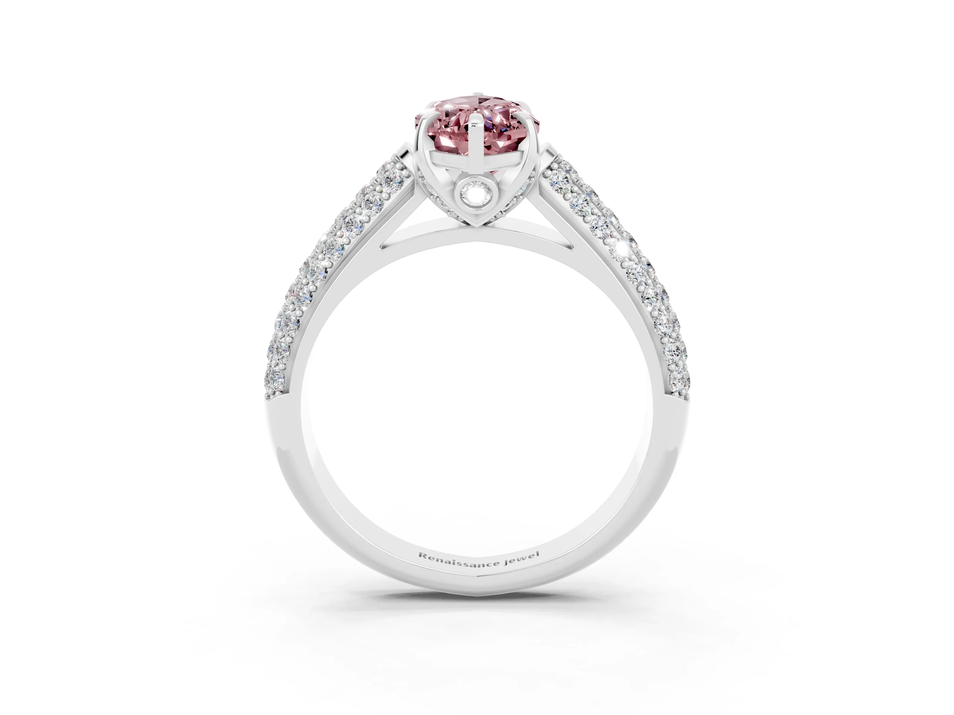 White gold Marquise Cut Morganite Solitaire Ring with Three-Row Pavé Band and Four-Prong Setting_15