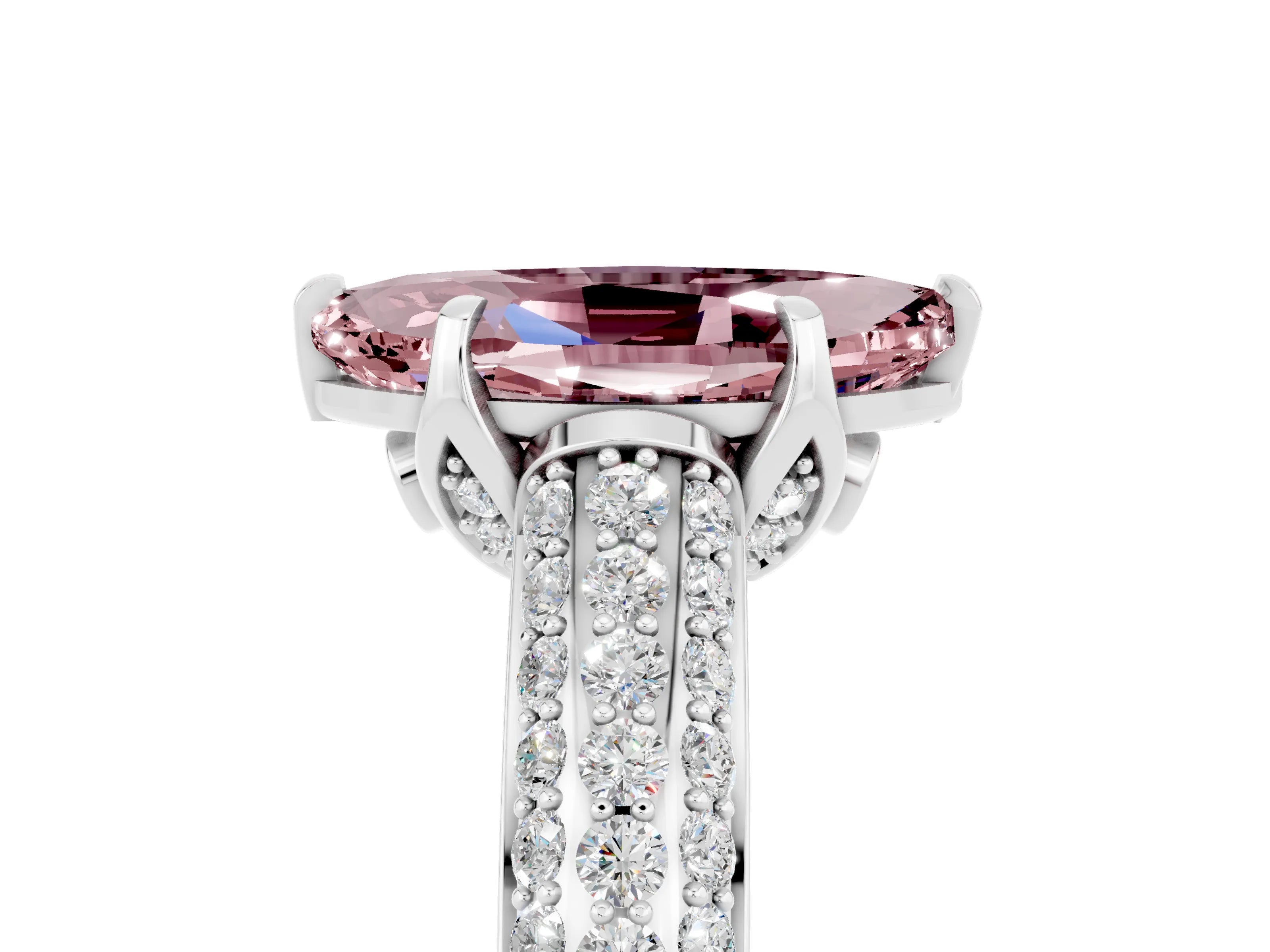 White gold Marquise Cut Morganite Solitaire Ring with Three-Row Pavé Band and Four-Prong Setting_17