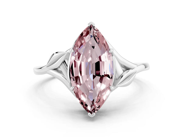 White gold Marquise Cut Morganite Solitaire Ring with Twist Band and Four-Prong Setting