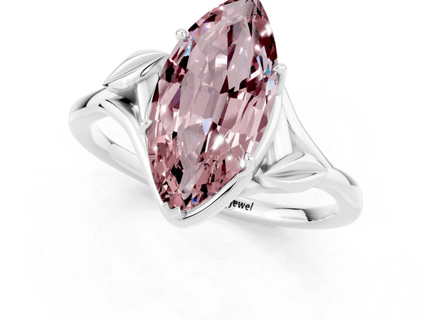 White gold Marquise Cut Morganite Solitaire Ring with Twist Band and Four-Prong Setting