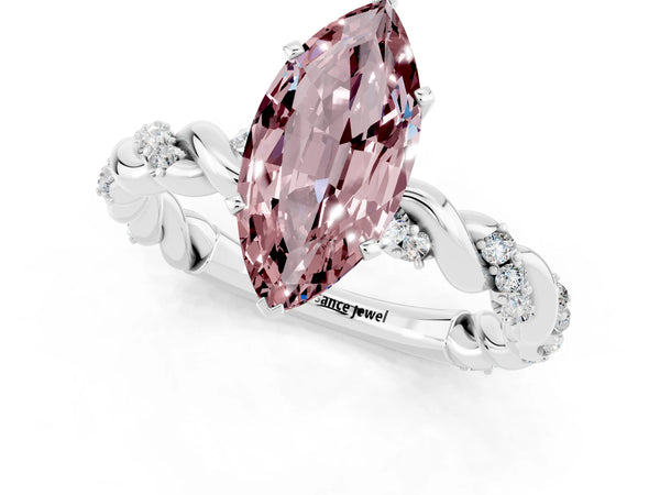 Platinum Marquise Cut Morganite Solitaire Ring with Twisted Band and Pavé Accents