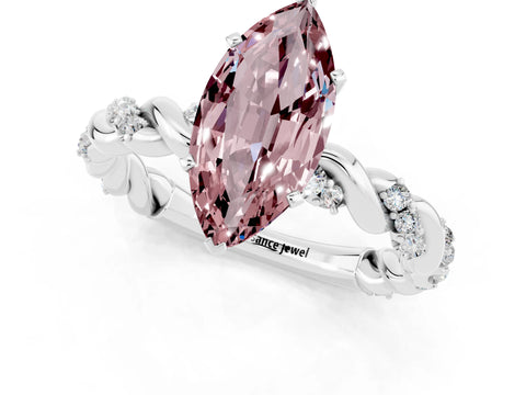 White gold Marquise Cut Morganite Solitaire Ring with Twisted Band and Pavé Accents_1
