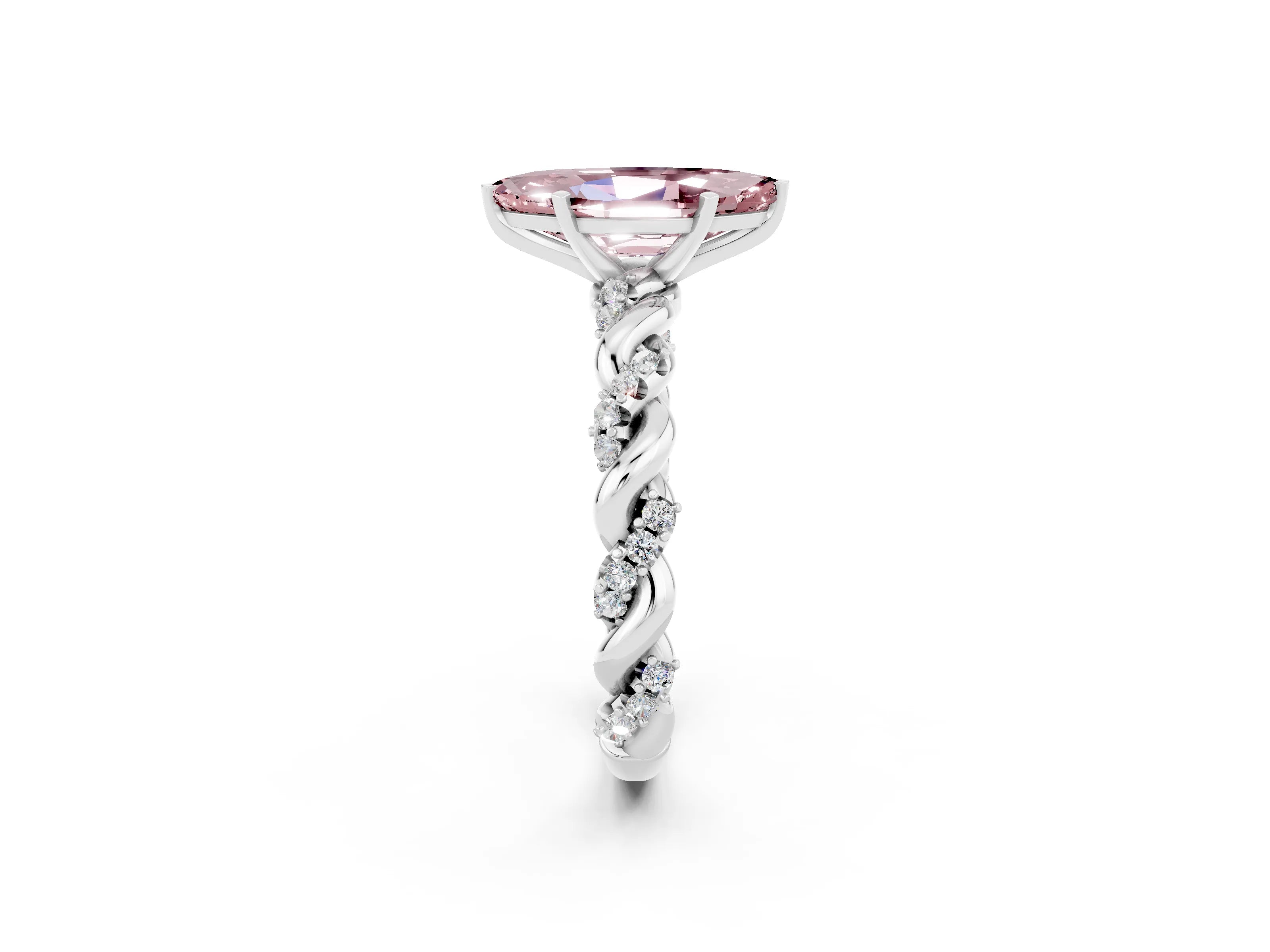 White gold Marquise Cut Morganite Solitaire Ring with Twisted Band and Pavé Accents_2