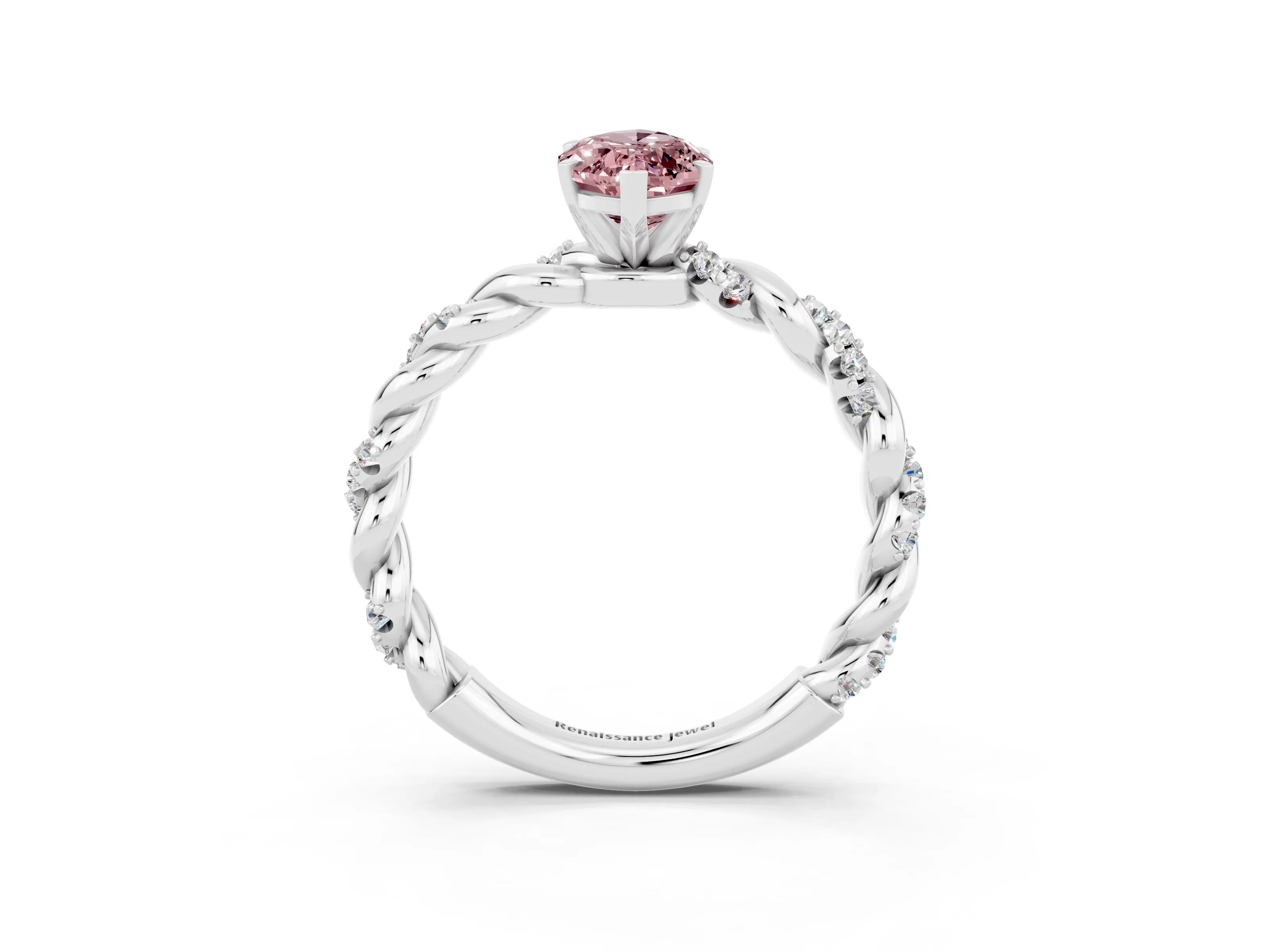 White gold Marquise Cut Morganite Solitaire Ring with Twisted Band and Pavé Accents_3