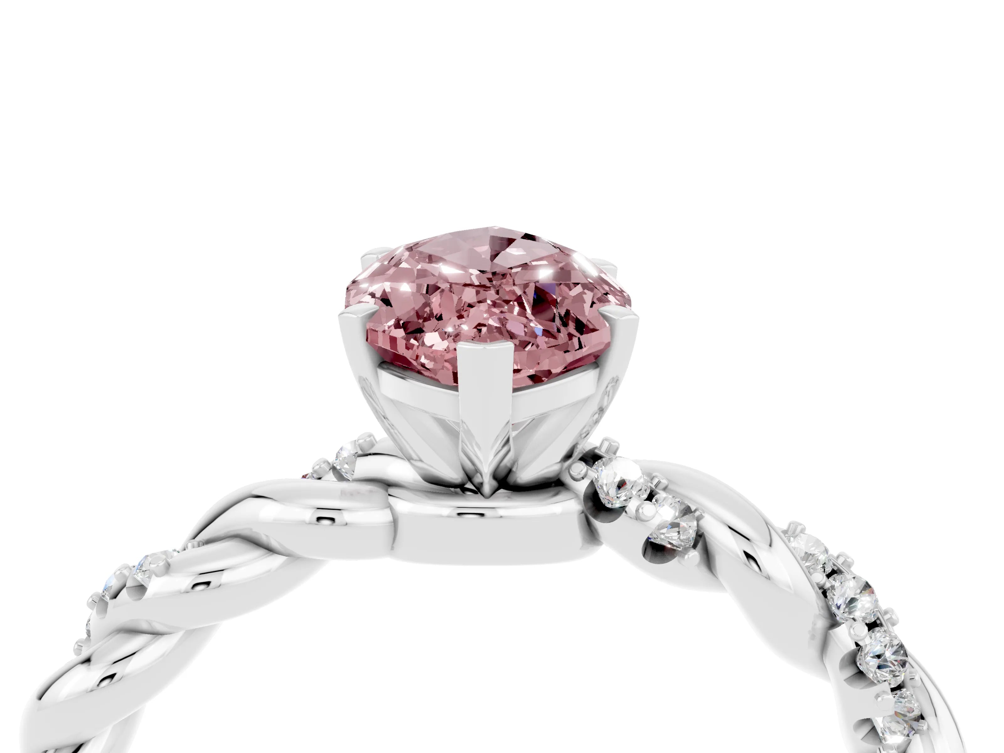 White gold Marquise Cut Morganite Solitaire Ring with Twisted Band and Pavé Accents_4