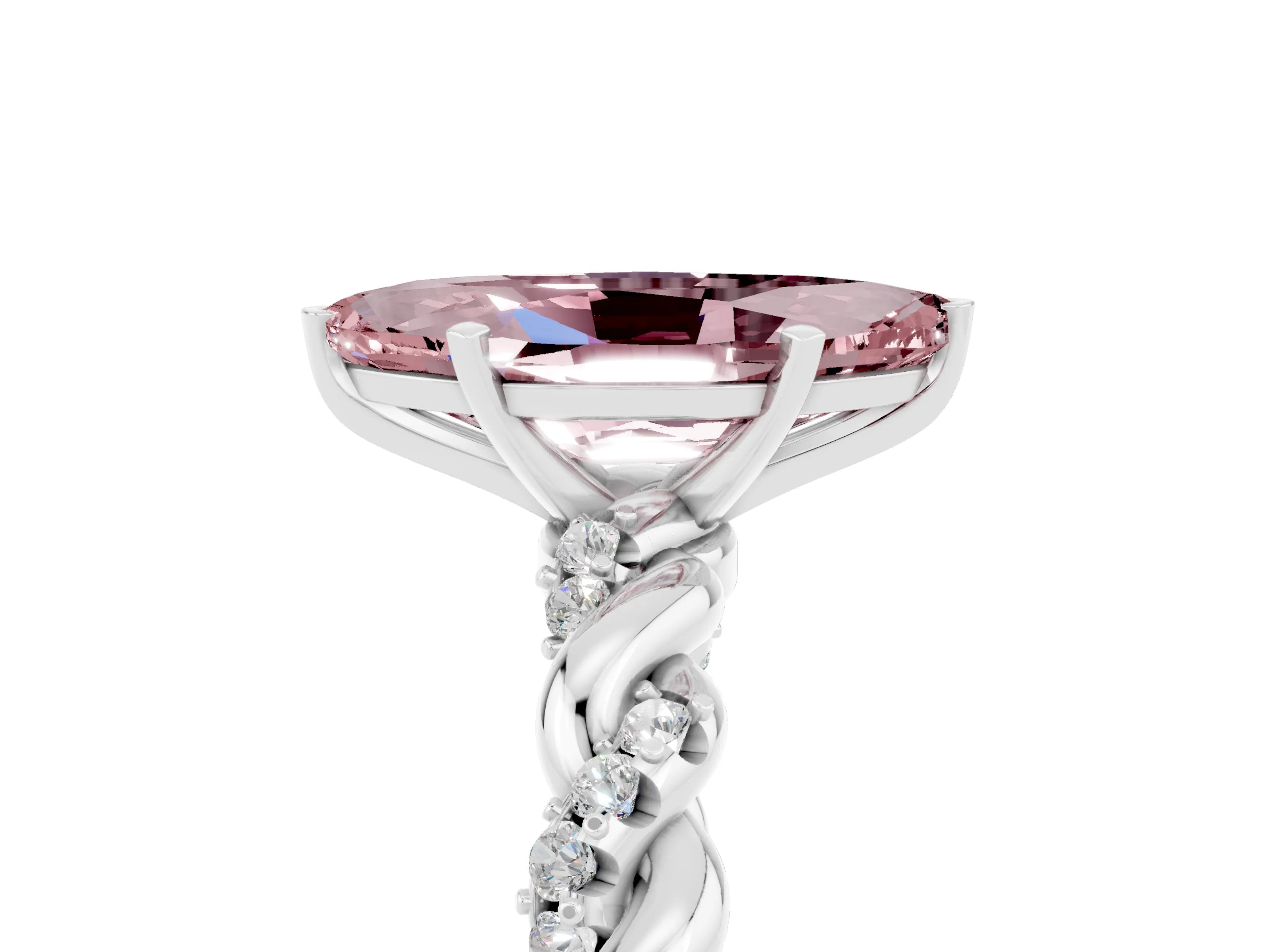 White gold Marquise Cut Morganite Solitaire Ring with Twisted Band and Pavé Accents_5