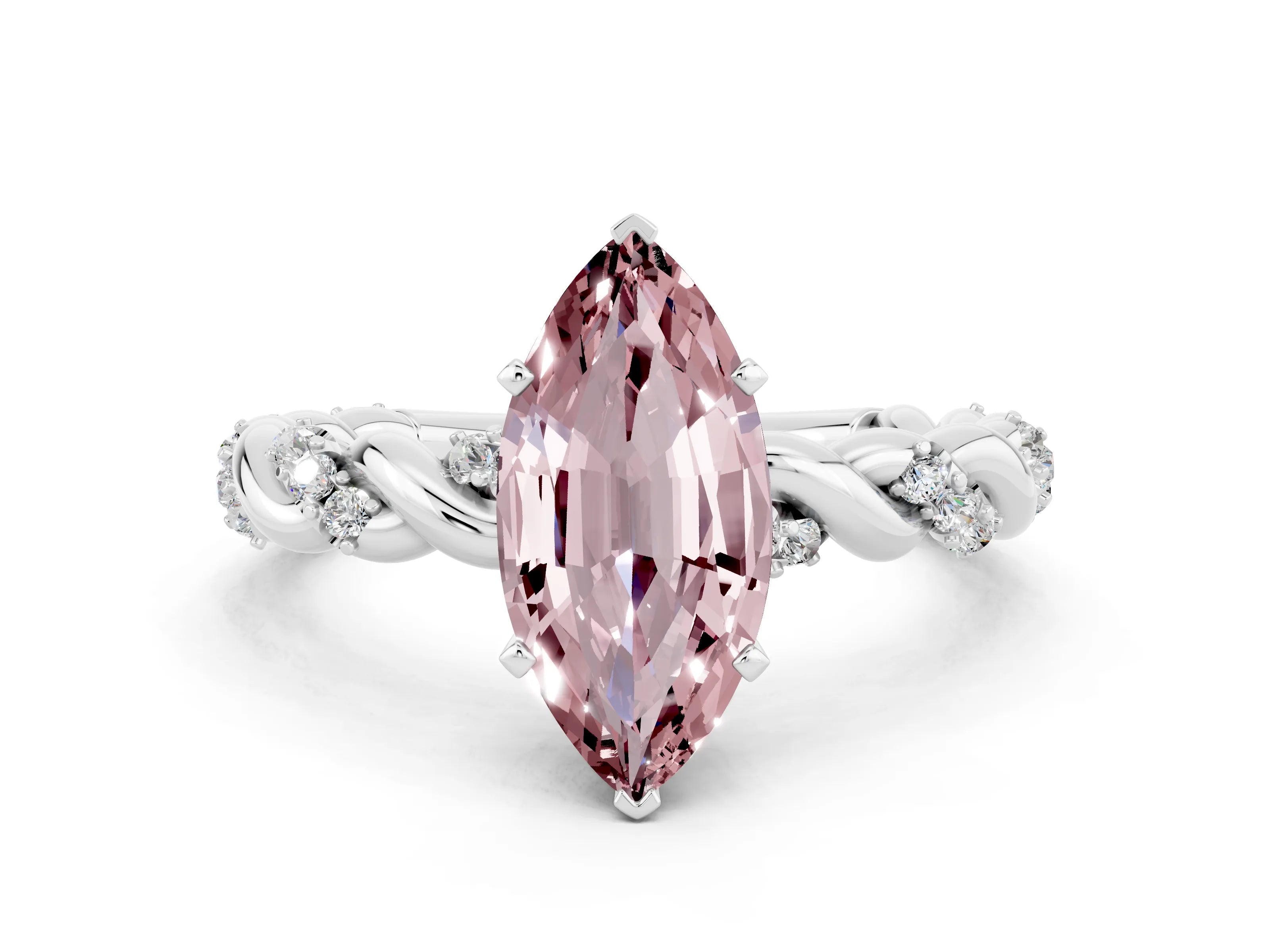 White gold Marquise Cut Morganite Solitaire Ring with Twisted Band and Pavé Accents