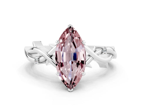 White gold Marquise Cut Morganite Solitaire Ring with Twisted Band and Prong Setting_12