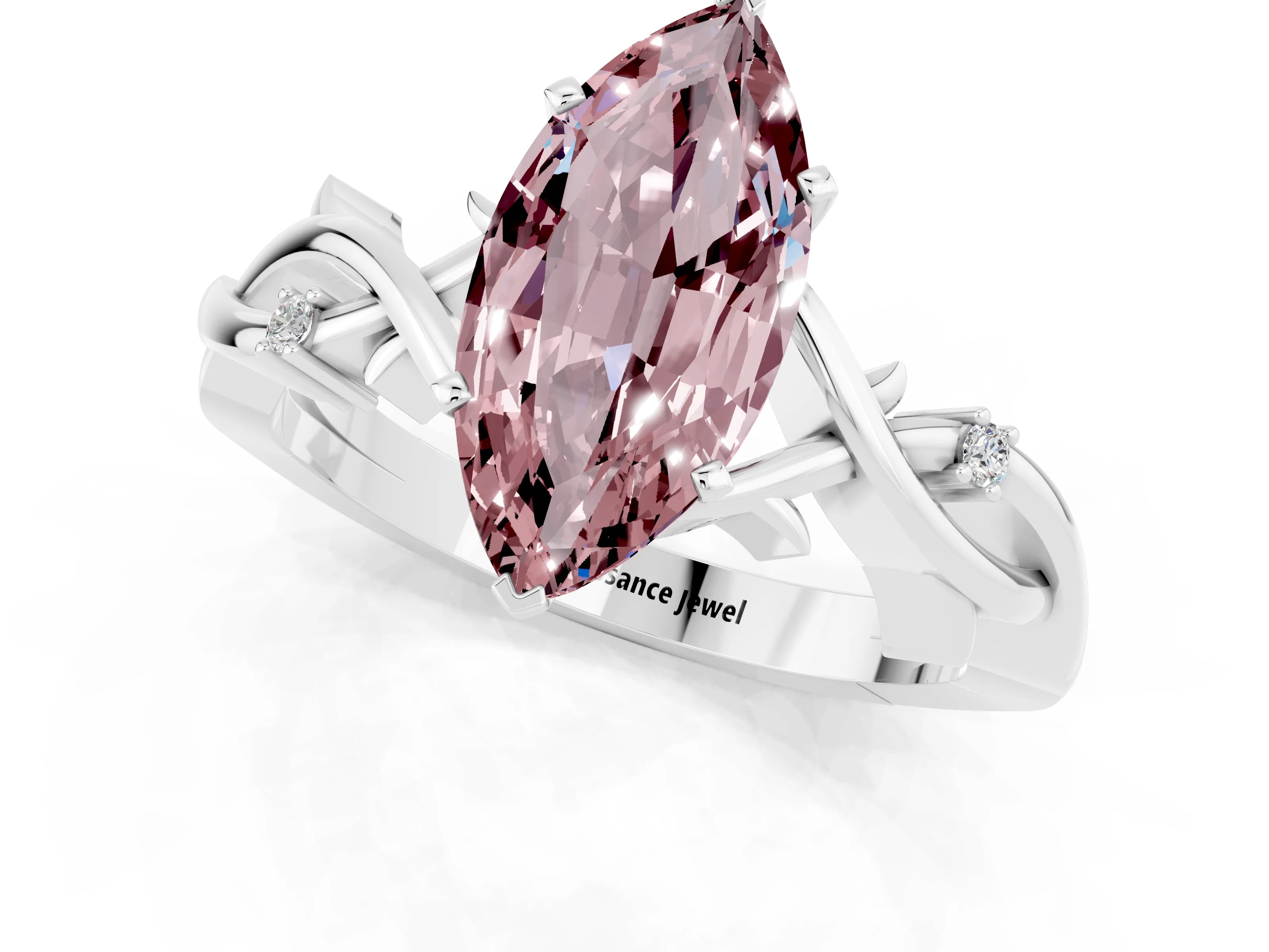 White gold Marquise Cut Morganite Solitaire Ring with Twisted Band and Prong Setting_13