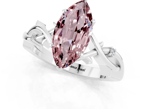 White gold Marquise Cut Morganite Solitaire Ring with Twisted Band and Prong Setting