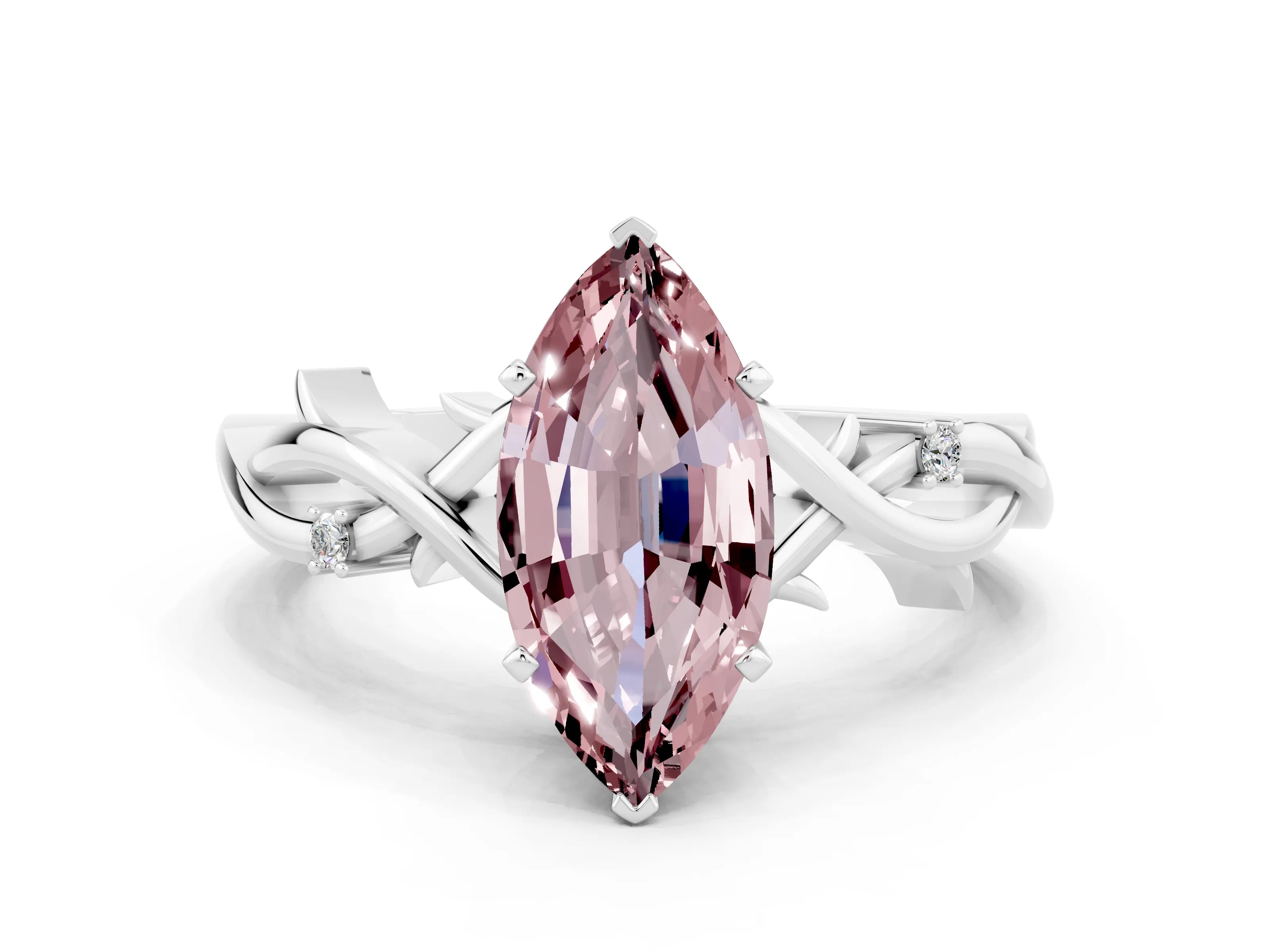 White gold Marquise Cut Morganite Solitaire Ring with Twisted Band and Prong Setting