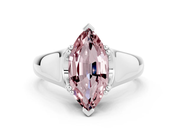 Platinum Marquise Cut Morganite Solitaire Ring with Wide Band and Prong Setting
