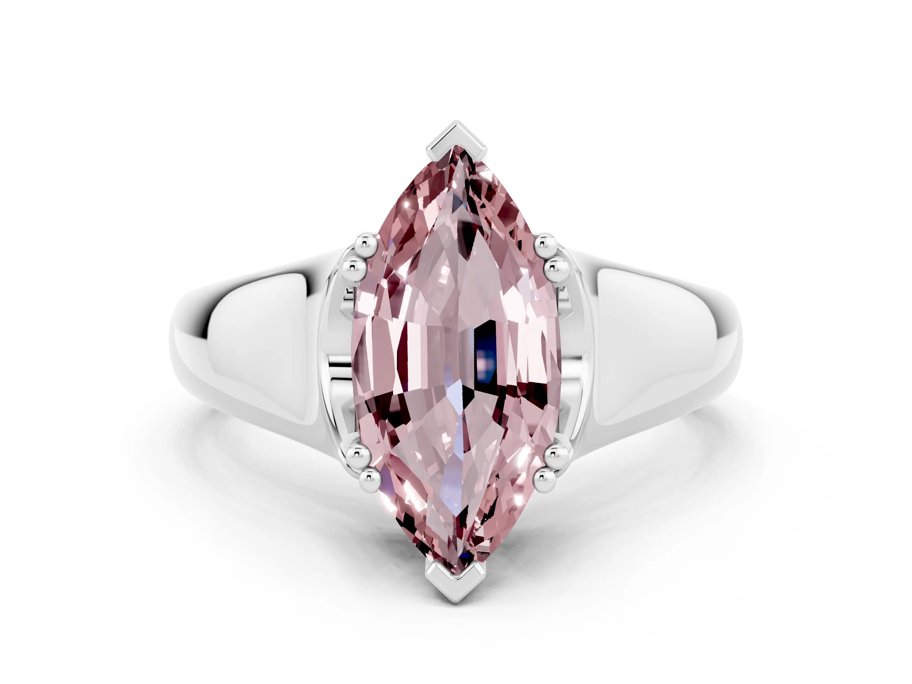 White gold Marquise Cut Morganite Solitaire Ring with Wide Band and Prong Setting