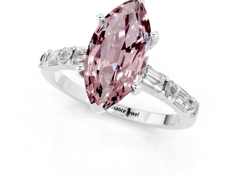 White gold Marquise Cut Morganite Solitaire with Side Baguettes and Channel Set Band_1
