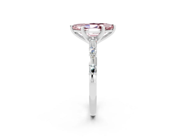 White gold Marquise Cut Morganite Solitaire with Side Baguettes and Channel Set Band