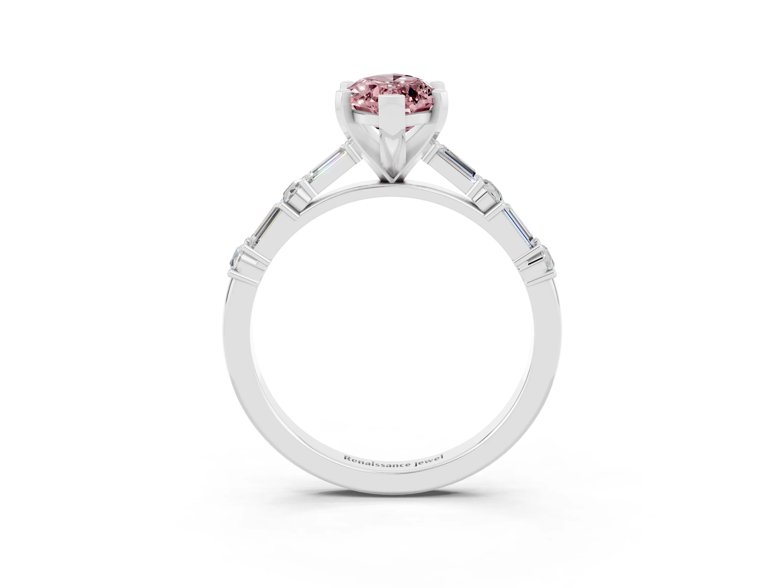 White gold Marquise Cut Morganite Solitaire with Side Baguettes and Channel Set Band_3