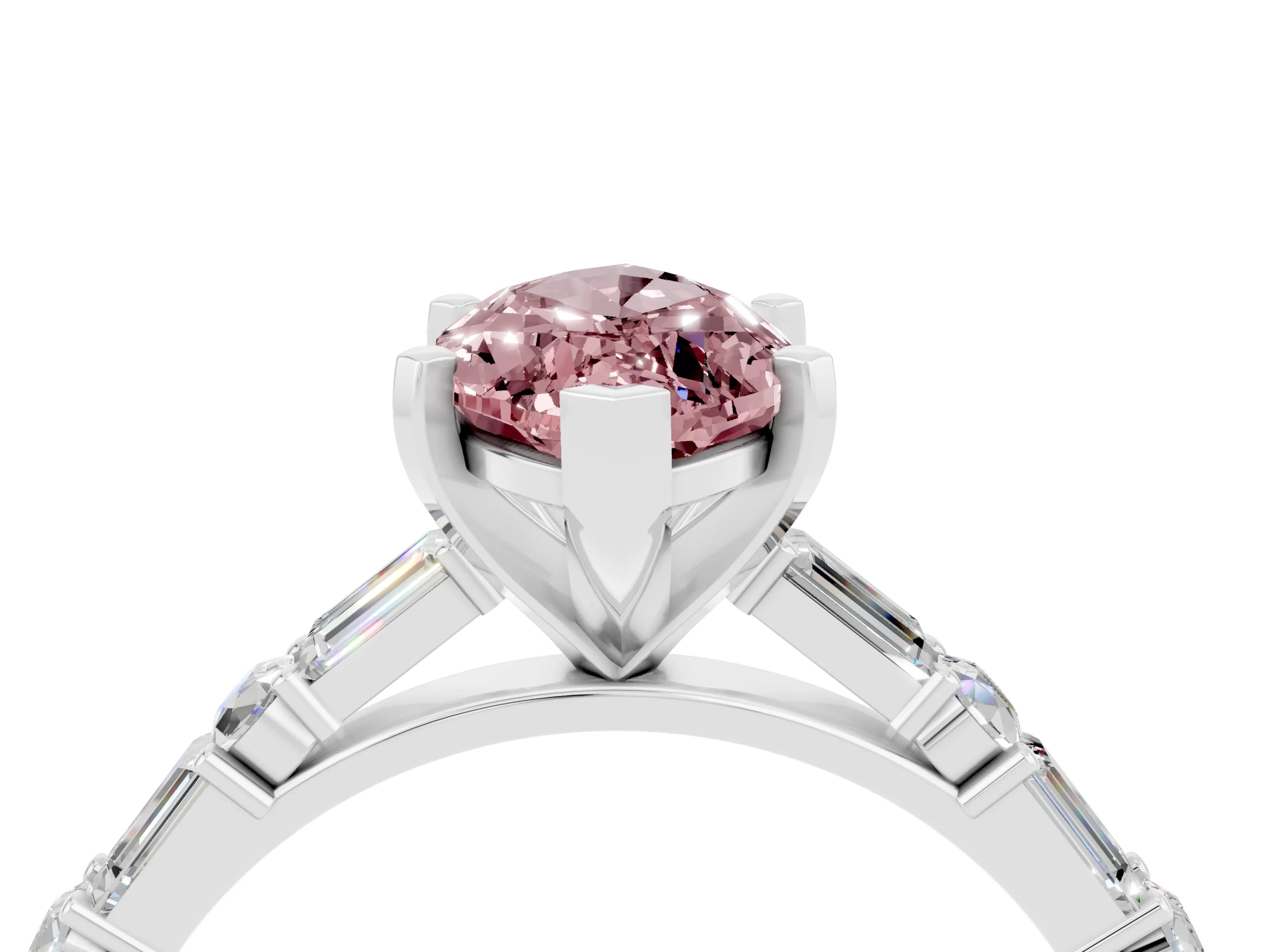 White gold Marquise Cut Morganite Solitaire with Side Baguettes and Channel Set Band_4