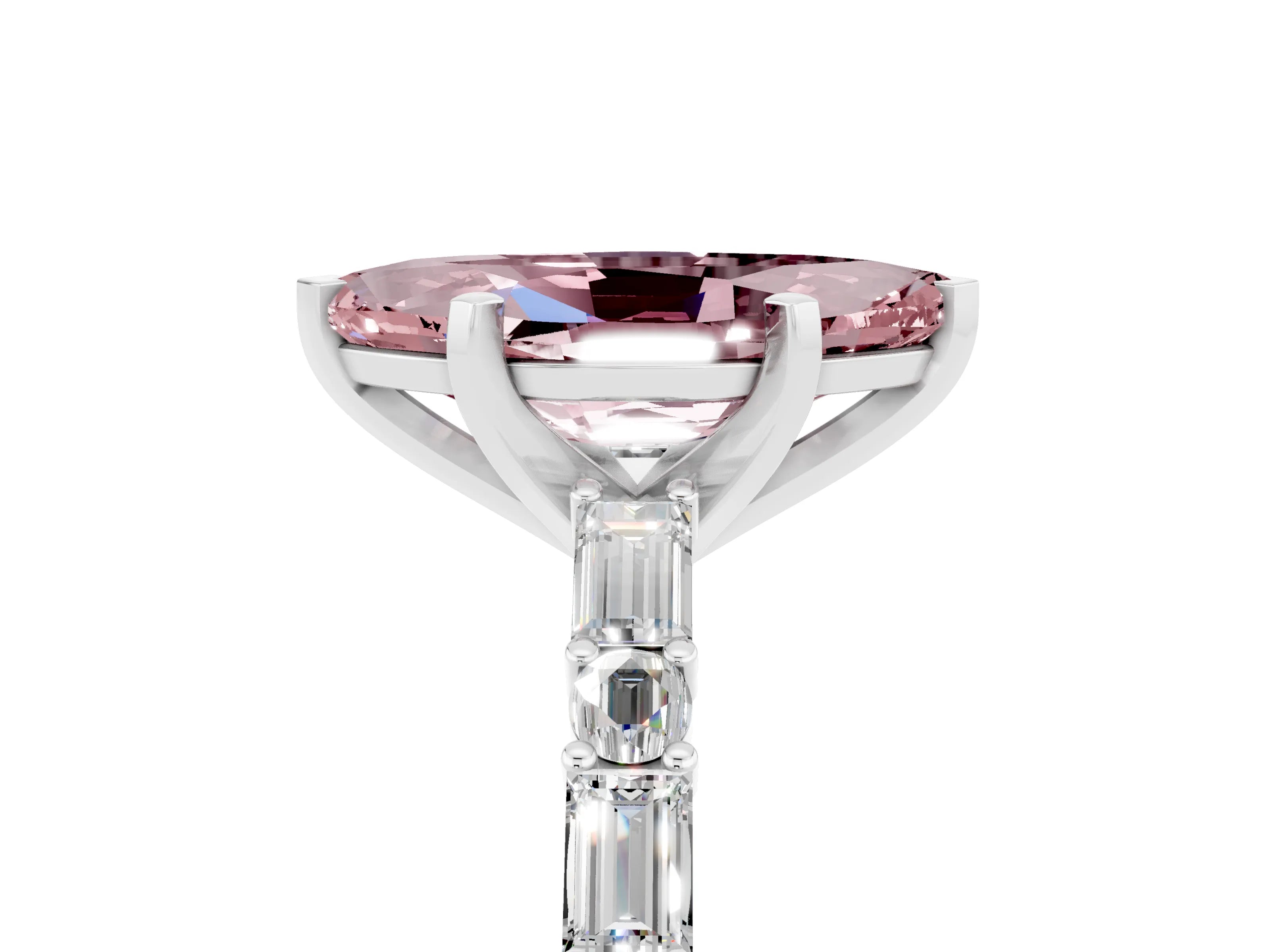 White gold Marquise Cut Morganite Solitaire with Side Baguettes and Channel Set Band_5
