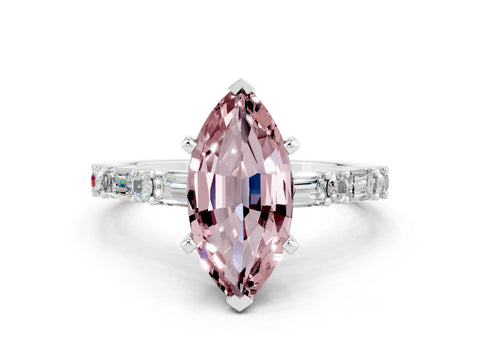 White gold Marquise Cut Morganite Solitaire with Side Baguettes and Channel Set Band