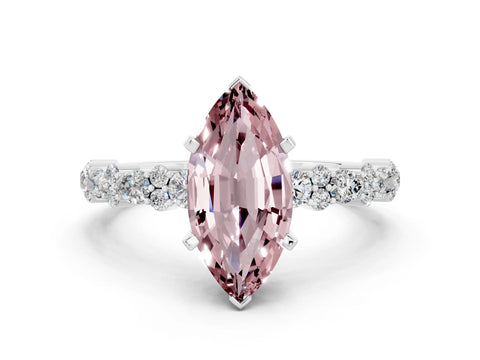 White gold Marquise Cut Morganite Solitaire with Side Stones, Pave Band, Four-Prong Setting_24