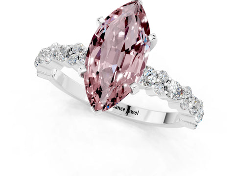 White gold Marquise Cut Morganite Solitaire with Side Stones, Pave Band, Four-Prong Setting_25