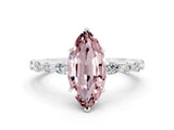 White gold Marquise Cut Morganite Solitaire with Side Stones on a Pavé Band and Four-Prong Setting