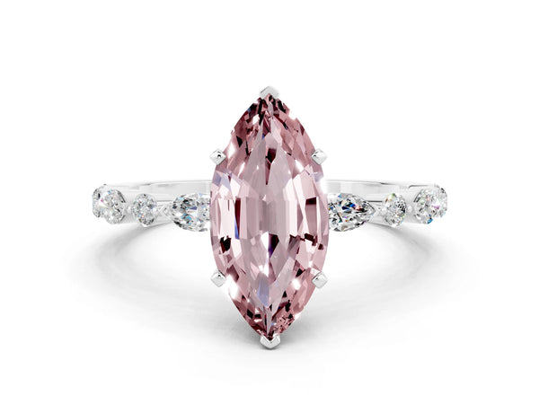 Silver Marquise Cut Morganite Ring with Marquise and Round  Side Stones and Four-Prong Setting