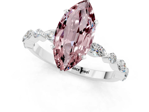White gold Marquise Cut Morganite Solitaire with Side Stones on a Pavé Band and Four-Prong Setting_1