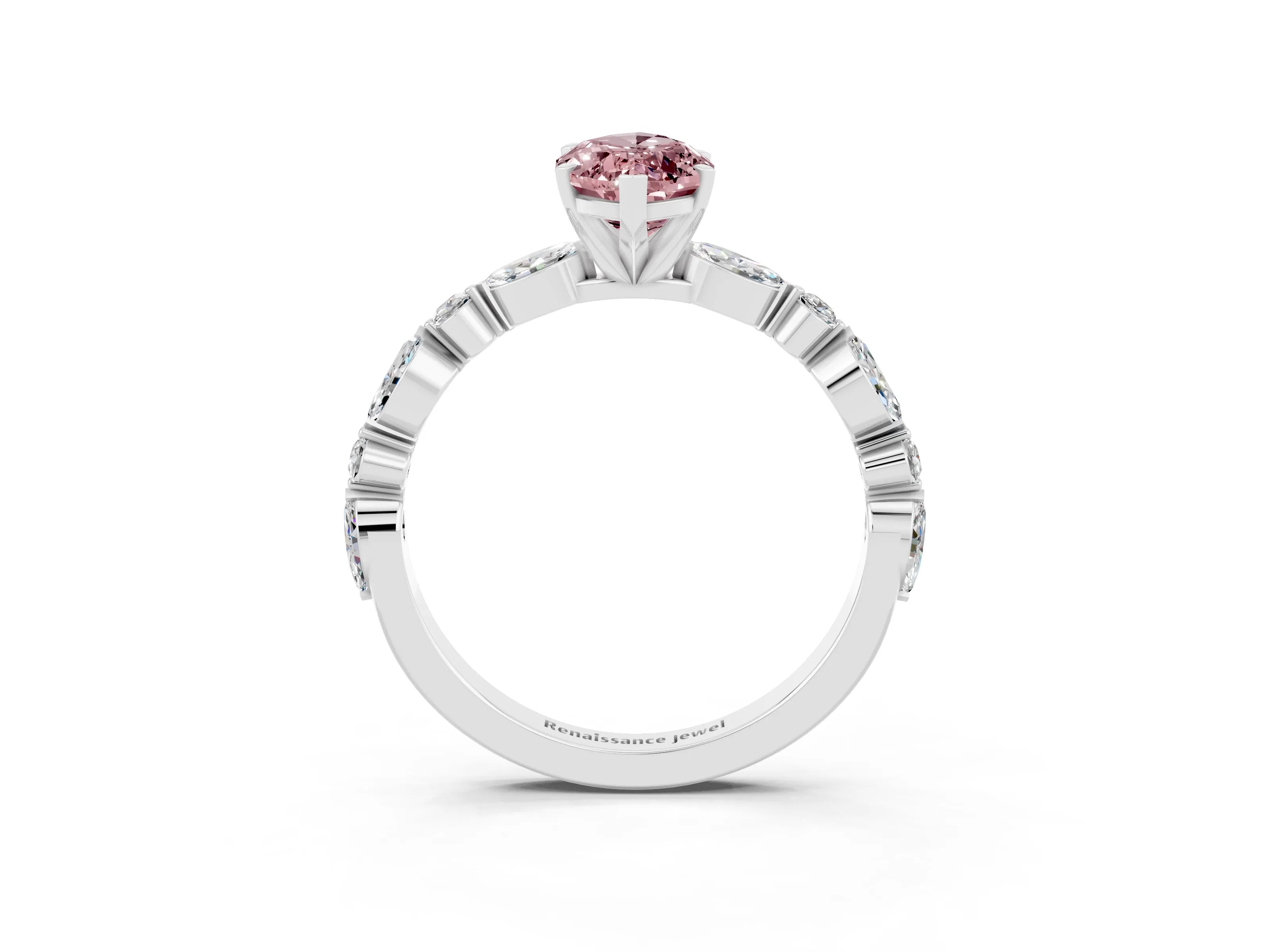 White gold Marquise Cut Morganite Solitaire with Side Stones on a Pavé Band and Four-Prong Setting_3