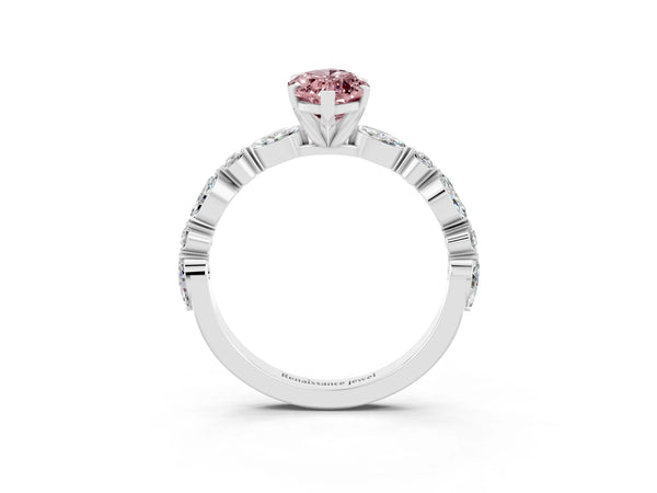 Platinum Marquise Cut Morganite Ring with Marquise and Round  Side Stones and Four-Prong Setting
