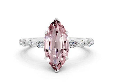 White gold Marquise Cut Morganite Solitaire with Side Stones on a Pavé Band and Four-Prong Setting