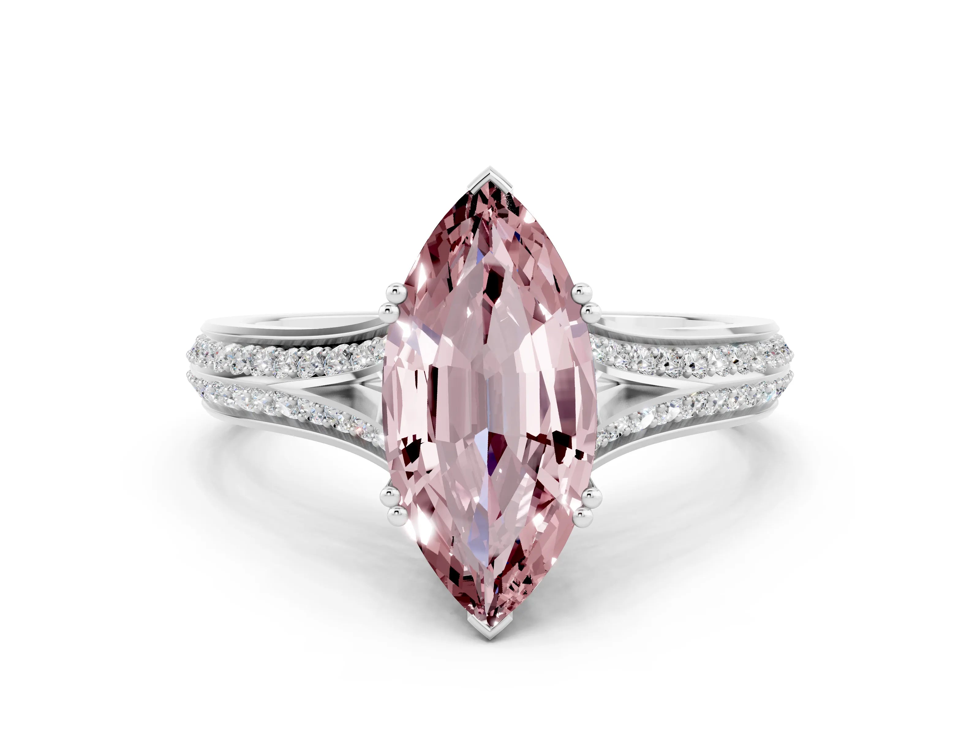 White gold Marquise Cut Morganite Split Shank Engagement Ring with Pavé Band