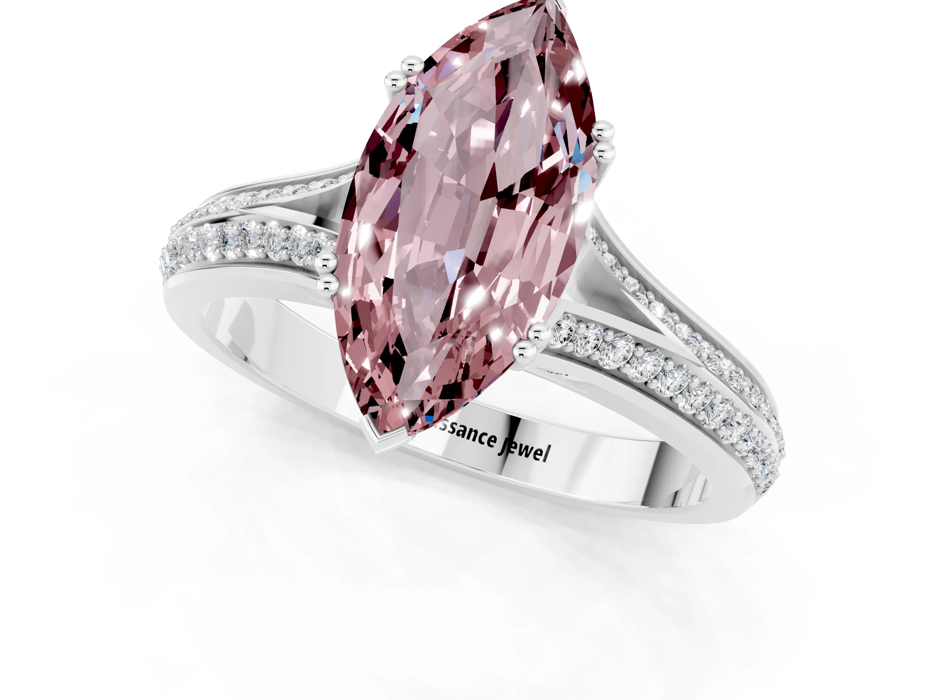 White gold Marquise Cut Morganite Split Shank Engagement Ring with Pavé Band_1