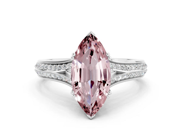 Silver Marquise Cut Morganite Split Shank Engagement Ring with Pavé Band