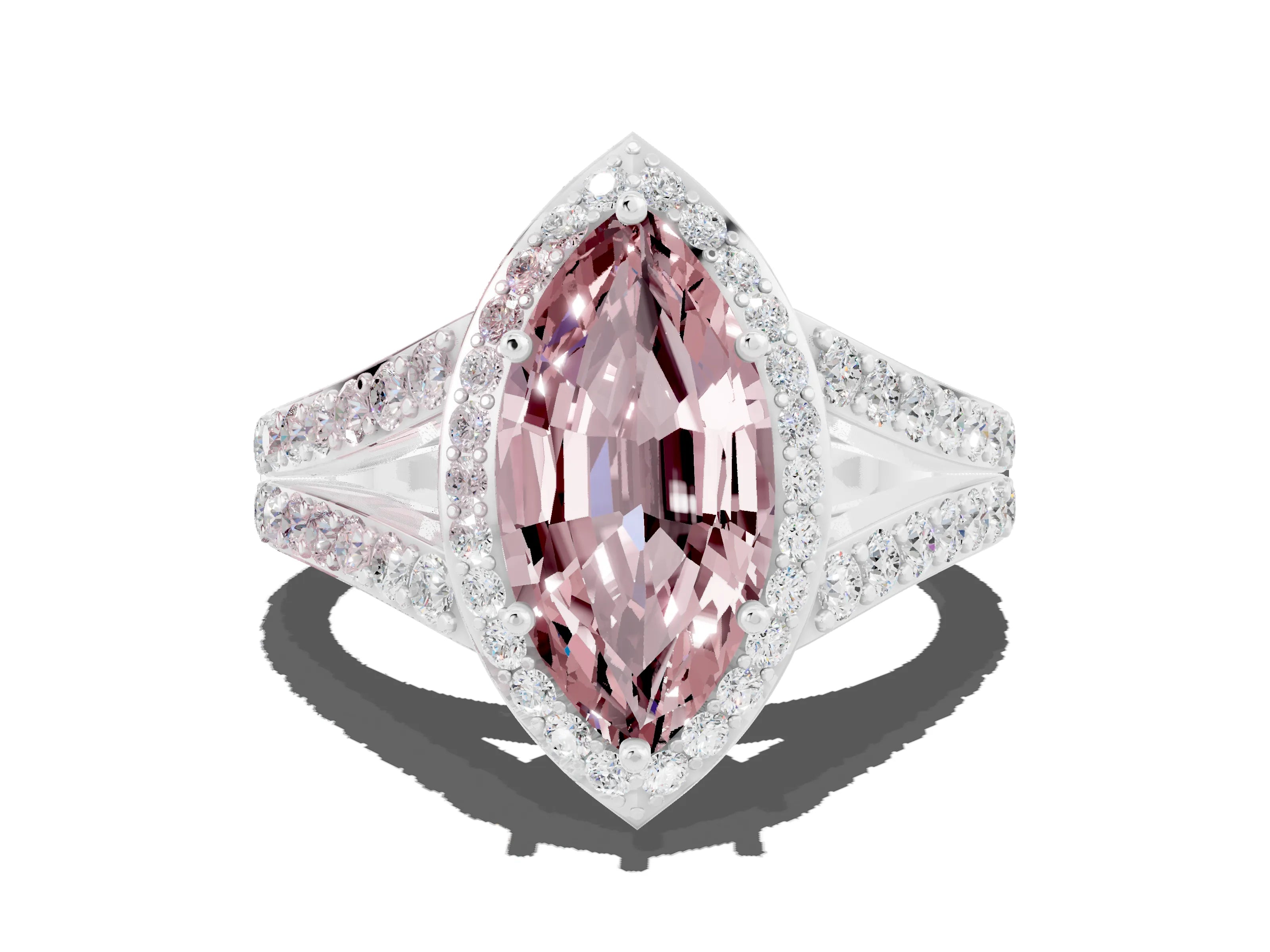White gold Marquise Cut Morganite Split Shank Halo Ring with Four-Prong Setting_12