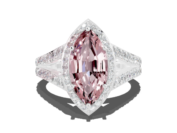 Platinum Marquise Cut Morganite Split Shank Halo Ring with Four-Prong Setting