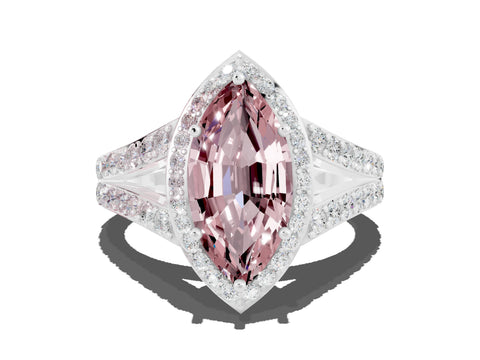 White gold Marquise Cut Morganite Split Shank Halo Ring with Four-Prong Setting_12
