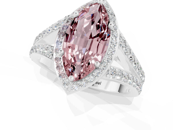 Silver Marquise Cut Morganite Split Shank Halo Ring with Four-Prong Setting