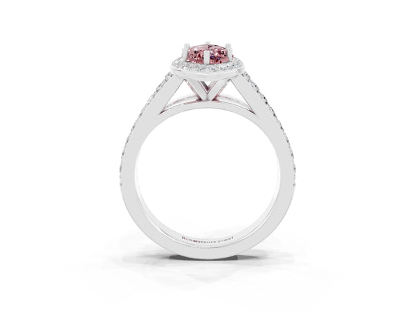 Silver Marquise Cut Morganite Split Shank Halo Ring with Four-Prong Setting