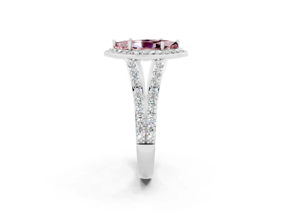 White gold Marquise Cut Morganite Split Shank Halo Ring with Four-Prong Setting