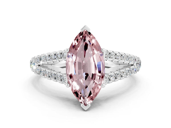 Platinum Marquise Cut Morganite Split Shank Pavé Engagement Ring with Four-Prong Setting
