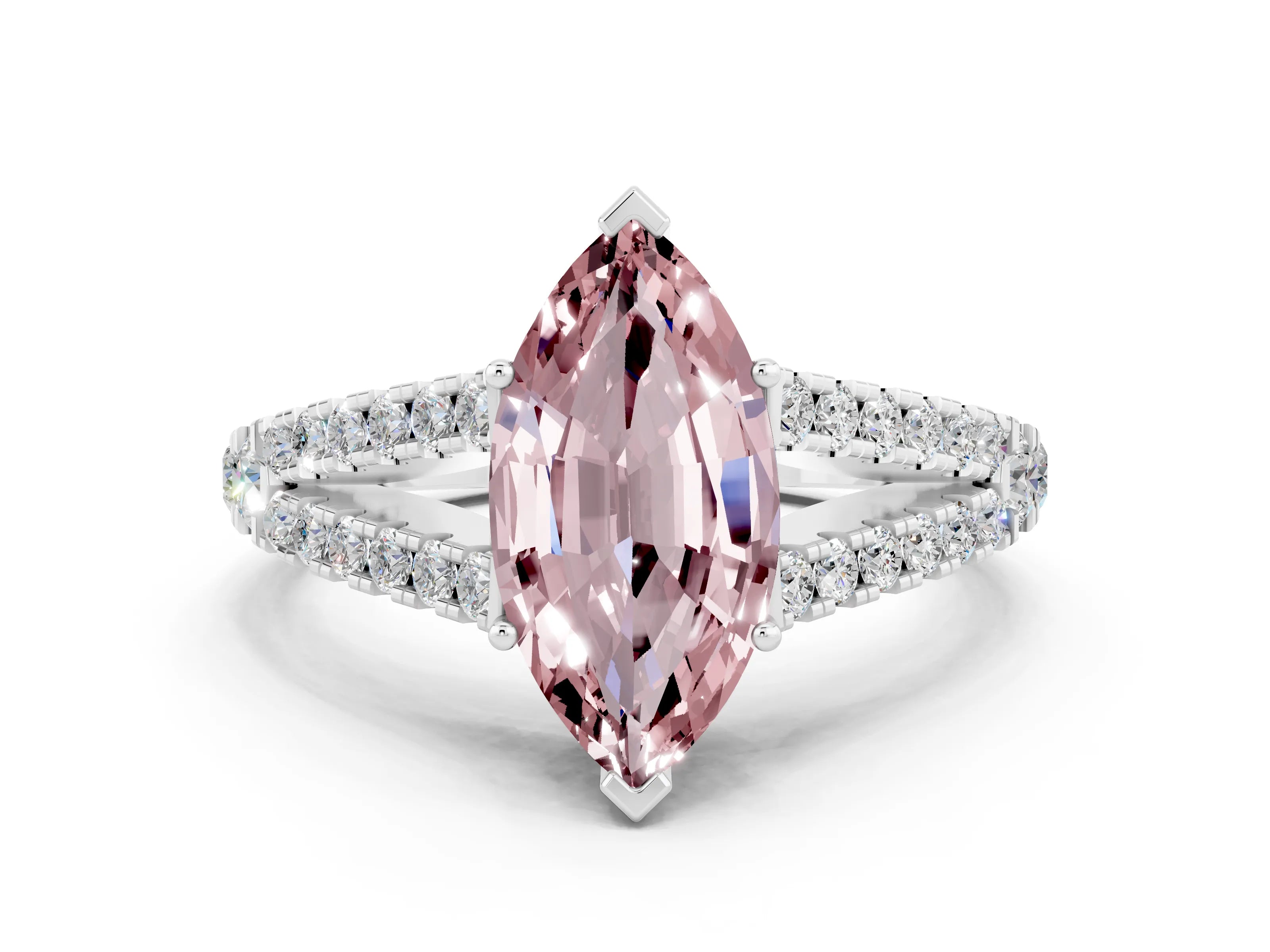 White gold Marquise Cut Morganite Split Shank Pavé Engagement Ring with Four-Prong Setting_12