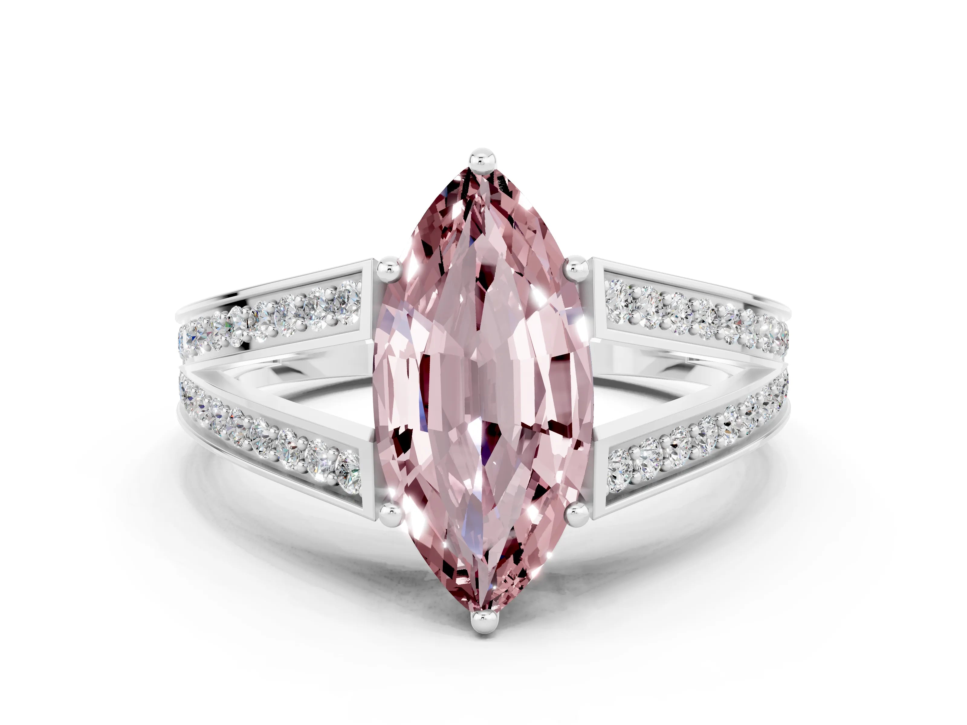 White gold Marquise Cut Morganite Split Shank Ring with Pavé Band and Four-Prong Setting