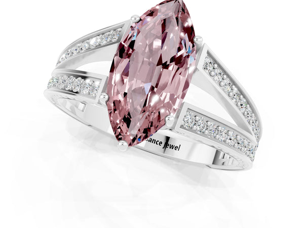 Platinum Marquise Cut Morganite Split Shank Ring with Pavé Band and Four-Prong Setting