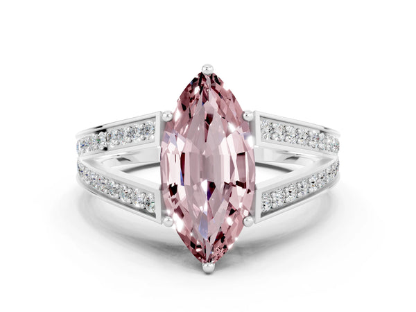 White gold Marquise Cut Morganite Split Shank Ring with Pavé Band and Four-Prong Setting